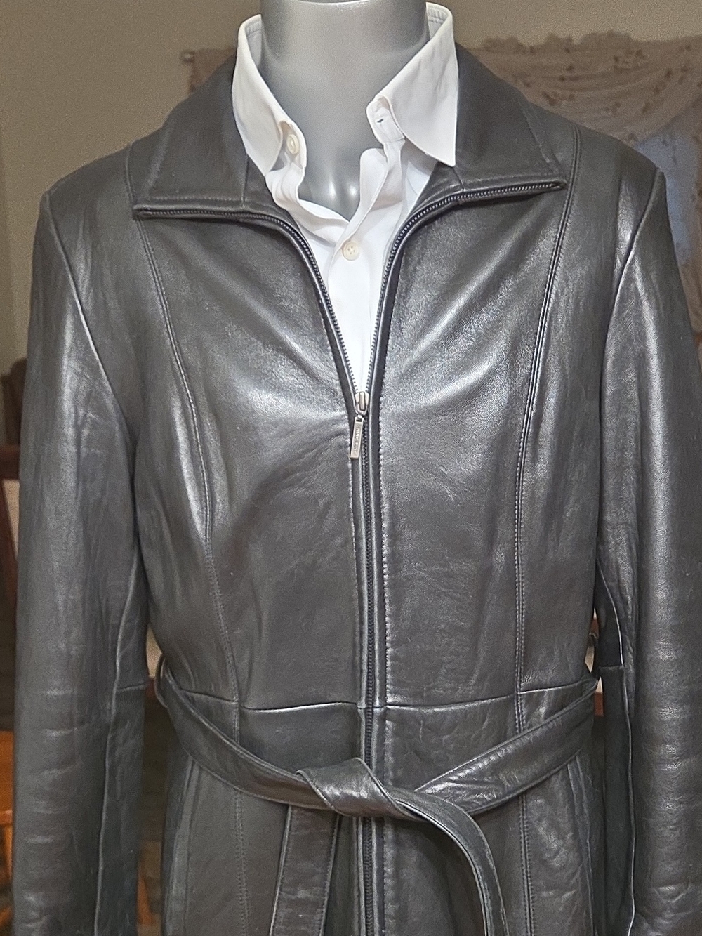 Nine West Black Leather Trench Coat with Waist Tie